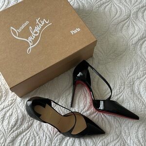 CHRISTIAN LOUBOUTIN Round and Square asymmetrical patent black pumps